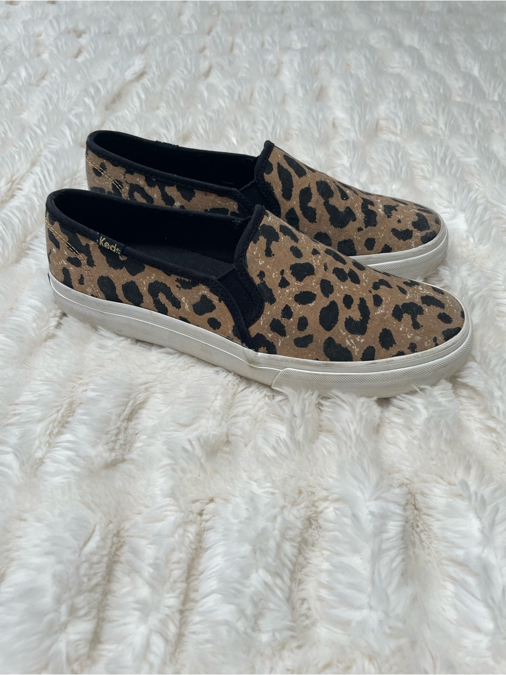 Keds Leopard-Print Slip-On Sneakers in Tan and Black